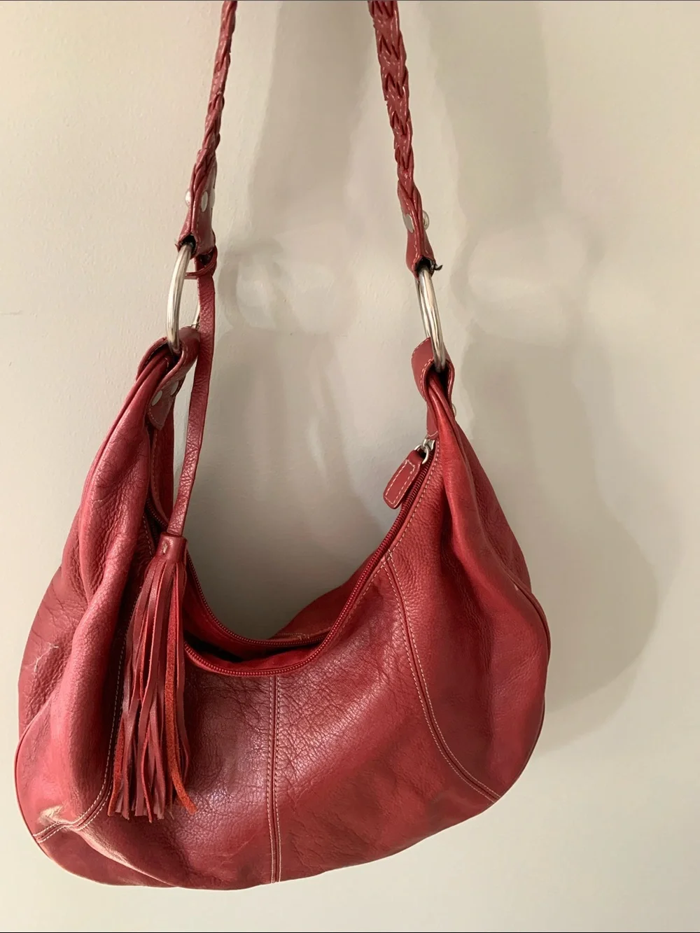 a.n.a Red Leather Braided-Strap Hobo with Tassel